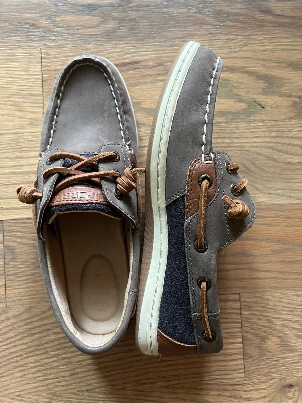 Women’s Sperry Taupe and Navy Boat Shoes with Brown Leather Accents